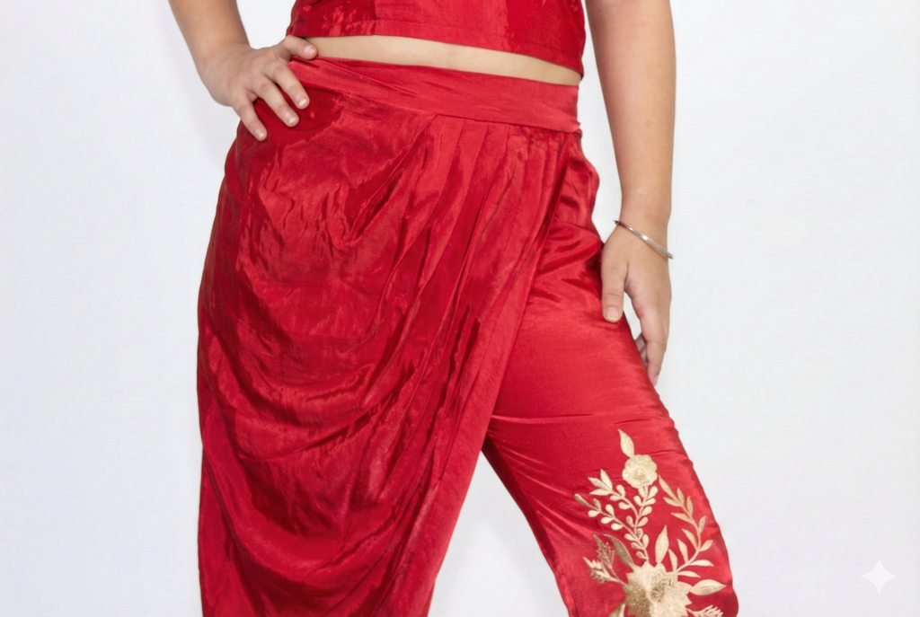 Scarlet Gold-Embroidered Dhoti Set